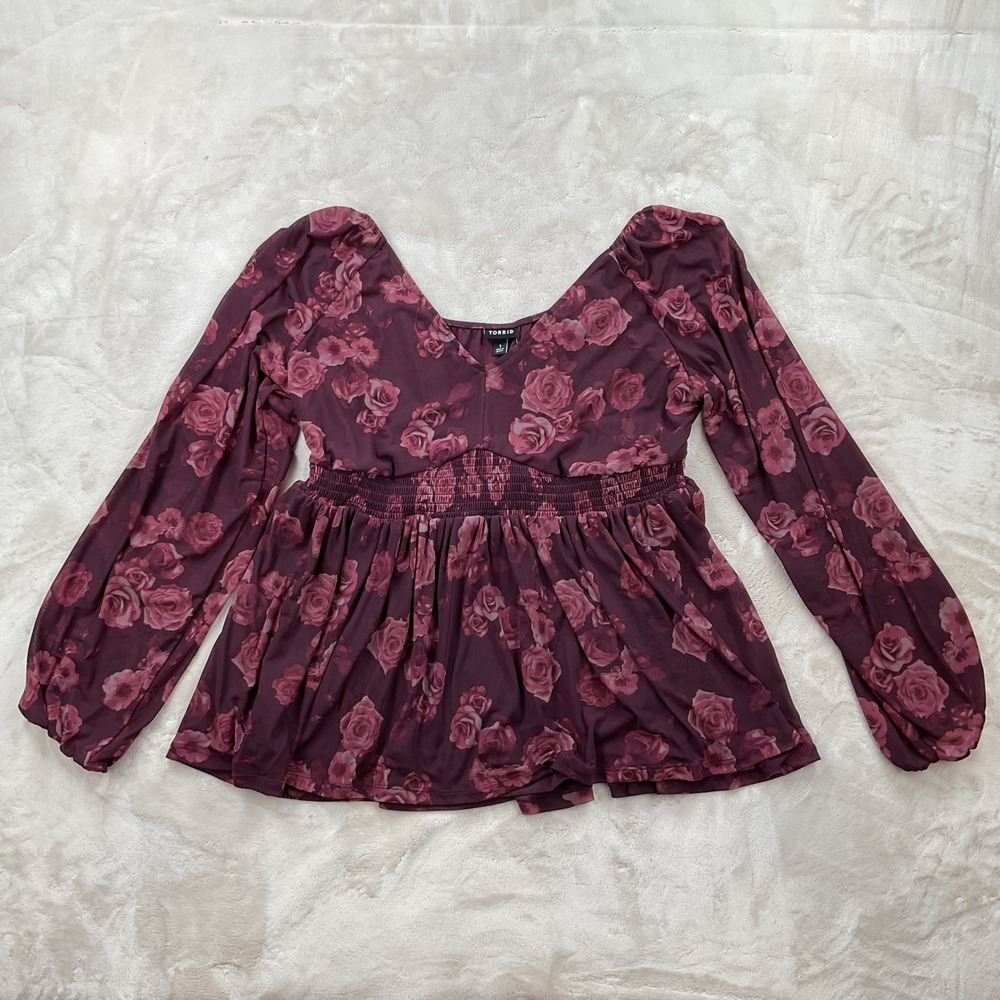 Torrid Women 1X Burgundy Floral Stretch Mesh Smocked Waist Babydoll Top NWT